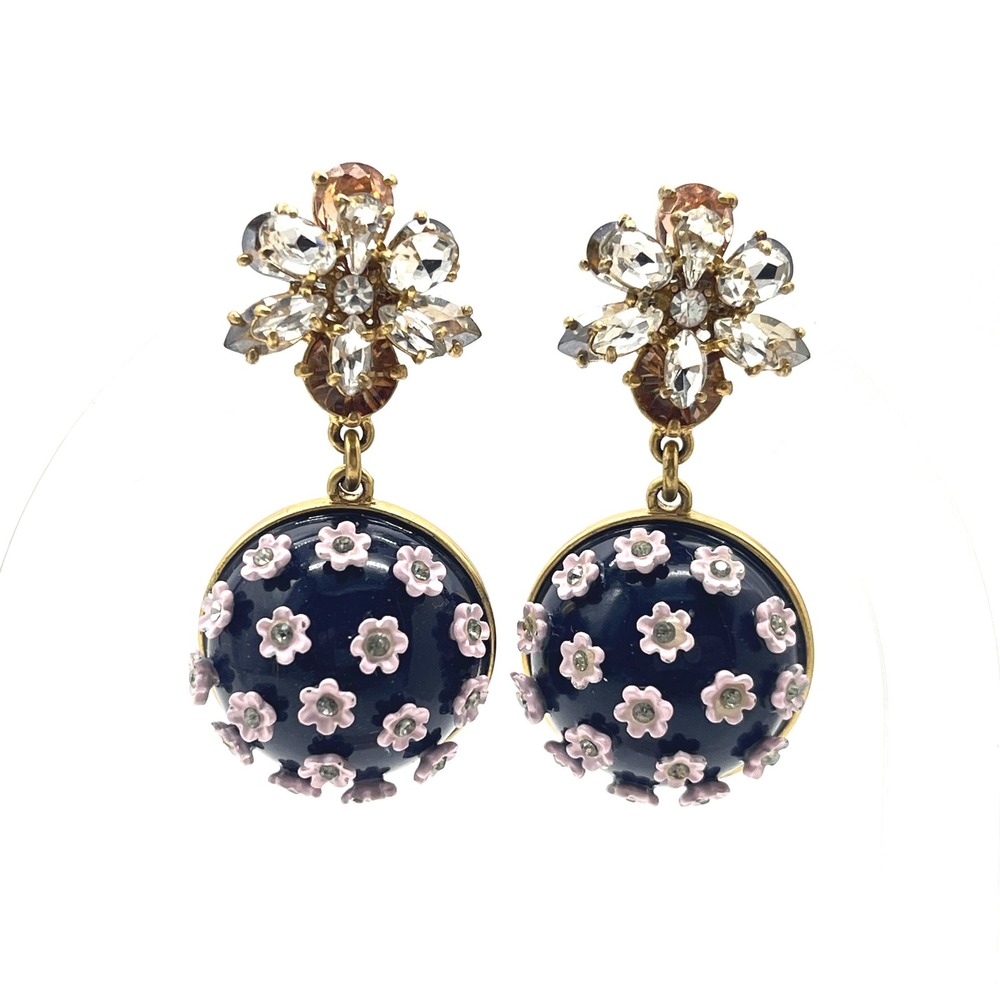 J.Crew Navy Blue Pink Enamel Floral Crystal Drop Statement Earrings Gold Tone